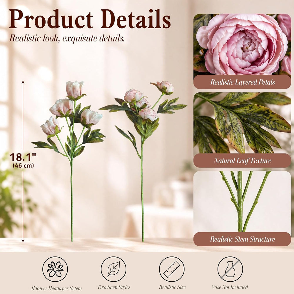 Artificial Peony Flowers, 8 Pink Faux Silk Floral Stems for Vase