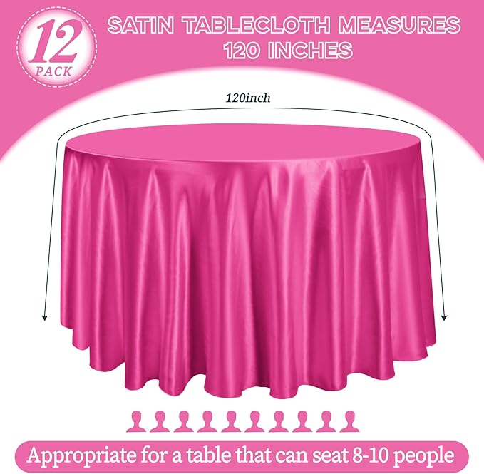 fani 12 Pack 120 Inch Hot Pink Satin Tablecloth - Silky Round Tablecloth Overlay Smooth Fabric Table Cover, Bright Table Decoration for Wedding Party Banquet Events Restaurant Kitchen Dining