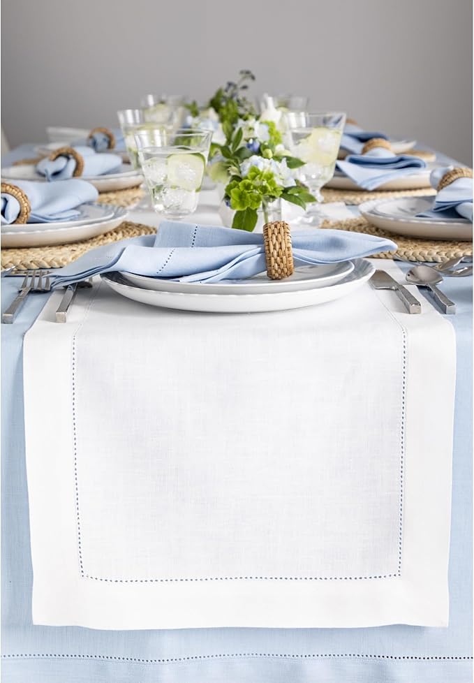 Solino Home Linen White Table Runner 156 Inches Long - 100% Pure Linen Extra Long Table Runner 14 x 156 Inch for Fall, Autumn, Halloween, Thanksgiving, Christmas, Holiday - Classic Hemstitch