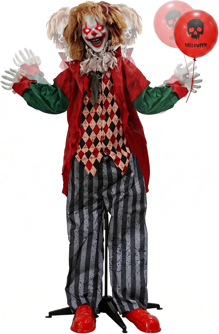Hourleey 5.3FT Halloween Animatronics Clown Decorations, Sound Activated Standing Animated Clown with Lighted Eyes, Clown Holding Balloon for Indoor Outdoor Haunted House Party Prop Yard Decor