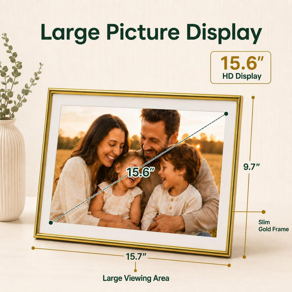 ELIME 15.6" Frameo Digital Picture Frame WiFi 32GB, Touchscreen, Gold