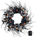 22 Inch Black and Silver Halloween Wreath with 40 Orange LEDs