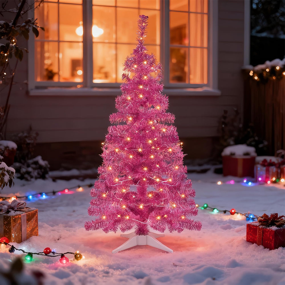 Juegoal Pink Artificial Tree, 4 FT Pre-lit Christmas Tree, Lighted Tinsel Pen...
