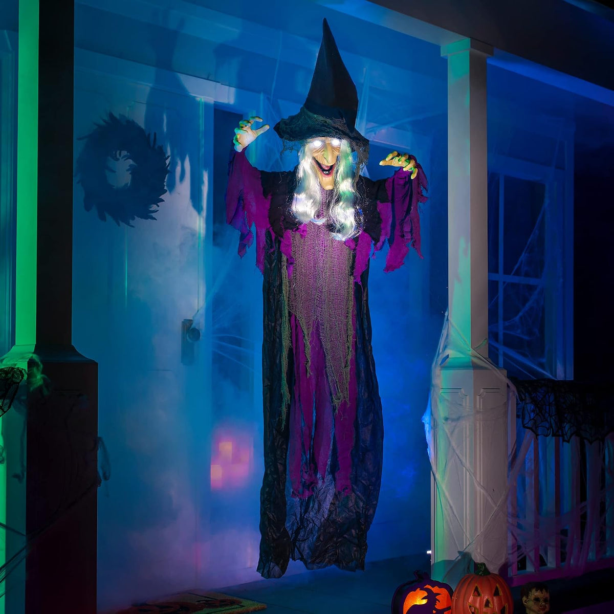 JOYIN 72” Halloween Hanging Witch Decorations Outdoor, Flying Talking Ghost Decor Light Up Eyes Sound Activated, Outside Indoor Haunted House Prop for Lawn Yard Garden, Purple