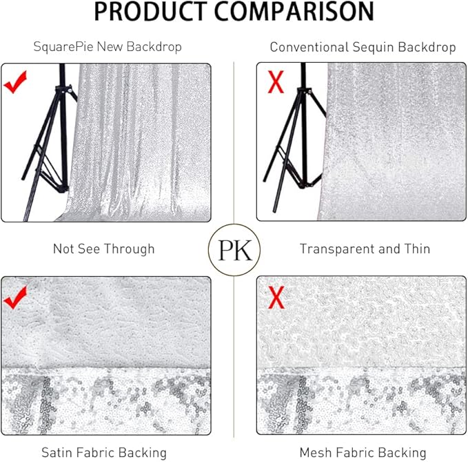 SquarePie Sequin Backdrop Curtain 8FT x 10FT Silver Satin Backing Fabric Photography Background for Wedding Patry 4FT x 10FT 2 Panels (2 PCS)