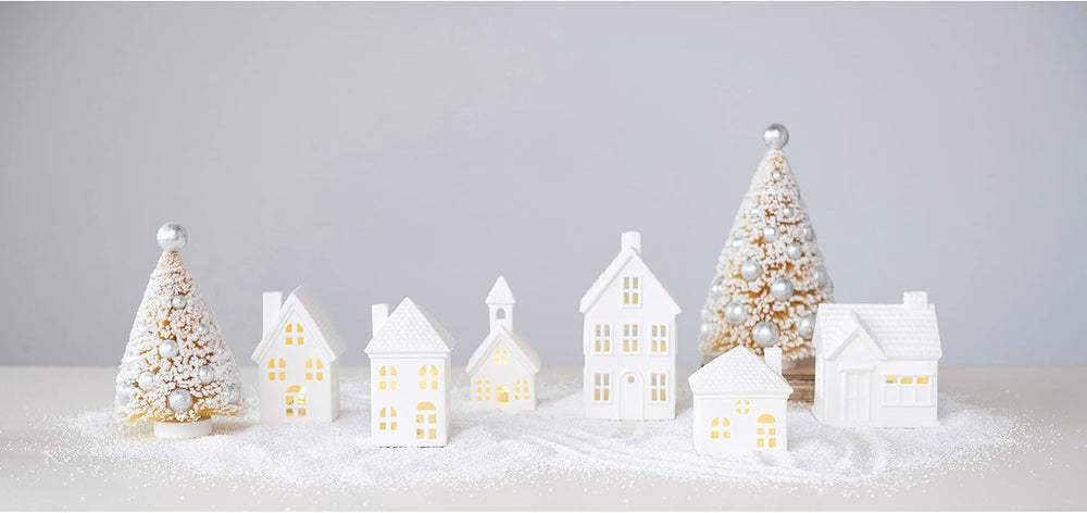 Creative Co-Op Stoneware Bisque Houses with LED Lights, White, Set of 6