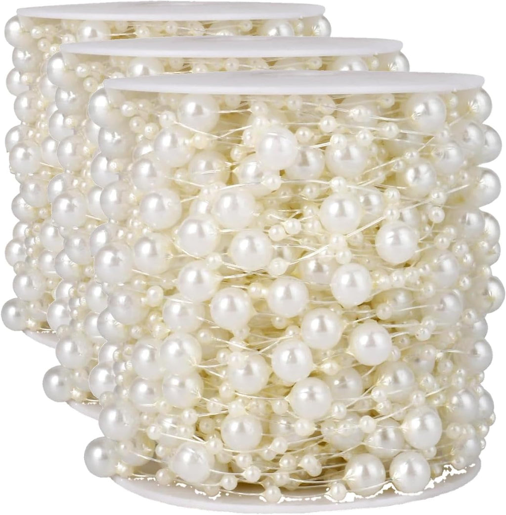 98FT 8mm 3mm Ivory Faux Pearl Beads String Garland Roll Bulk for DIY Craft (Pack of 3)