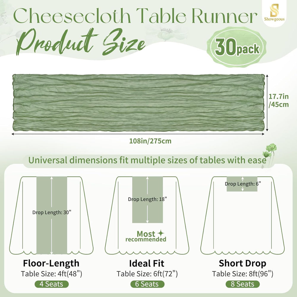 30 Pack Sage Green Cheesecloth Table Runner 17x108 Inches Boho Home Decor