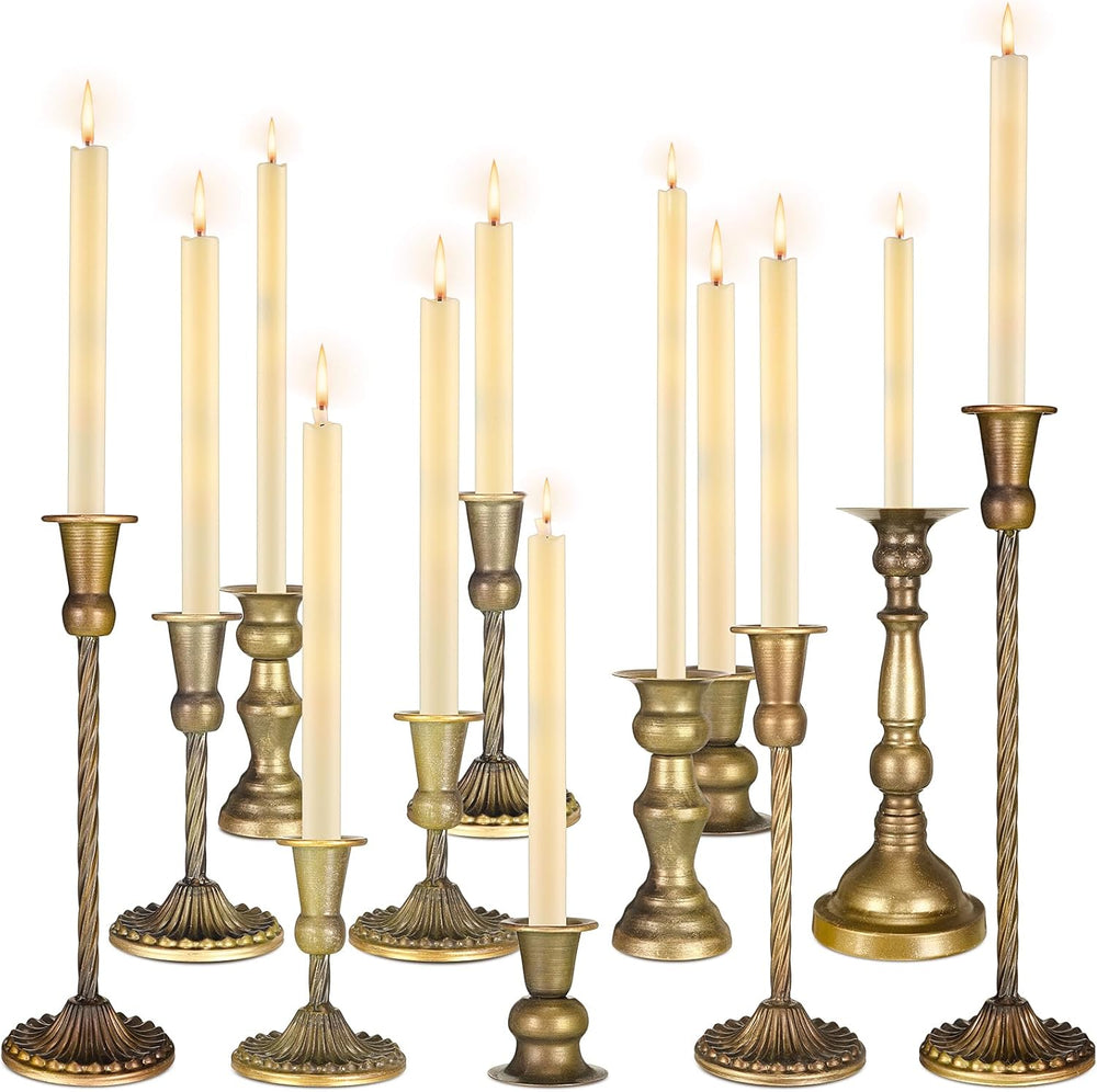 12 Pcs Taper Candlestick Holders Metal Set,Brass Gold,Vintage Style