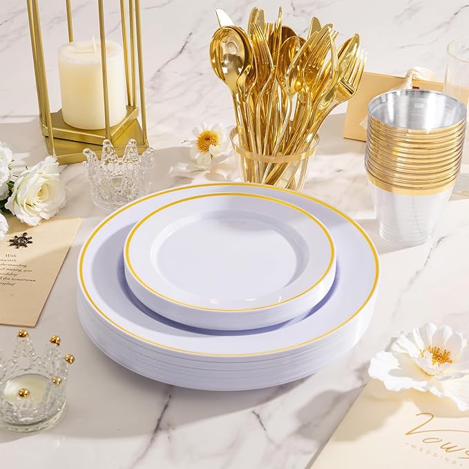 SUT 350 Pcs Gold and White Plastic Dinnerware Set for 50 Guests, Include: 50 Dinner Plates, 50 Dessert Plates, 50 Pre Rolled Napkins With Silverware, 50 Cups, Disposable Plates for Party, Wedding