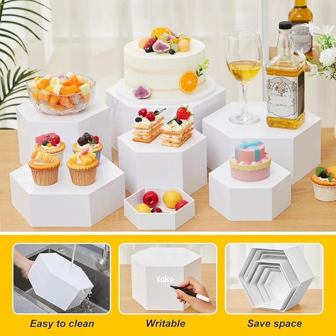 Leinuosen 7 Pcs Large Buffet Risers Set 6" to 12" Acrylic Display Box Catering Dessert Table Riser Food Display Decorative Stand with Hollow Bottom for Catering Supplies(White, Hexagonal)