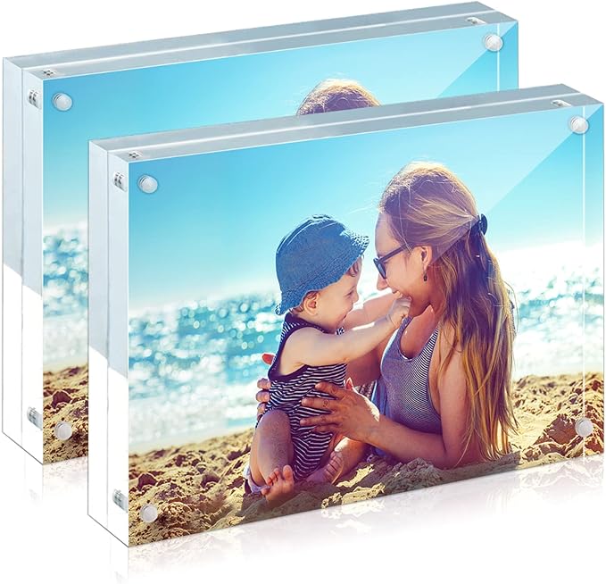 HELPLEX Acrylic Frames, 2 Pack 5x7, 24mm Thicker Frameless Clear Frame, Double Sided Magnetic, Free Standing Desktop Display