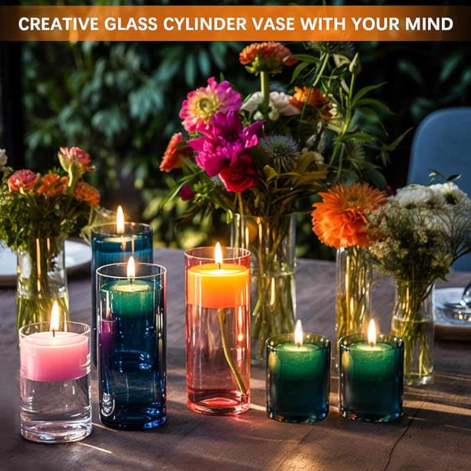24 Pack Thick Glass Cylinder Vases 4,6,9,12 Inch Tall Clear Flower Vase Hurricane Floating Candle Holder for Table Centerpiece Wedding Home Decor