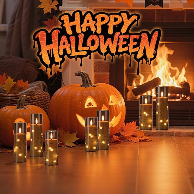 Raycare Flameless Candle with Remote Timer, 7 Flickering Acrylic Battery Operated LED Pillar Candles with Embedded Star String for Halloween, Home Decor, and as a Gift(Grey) (7 Pack)