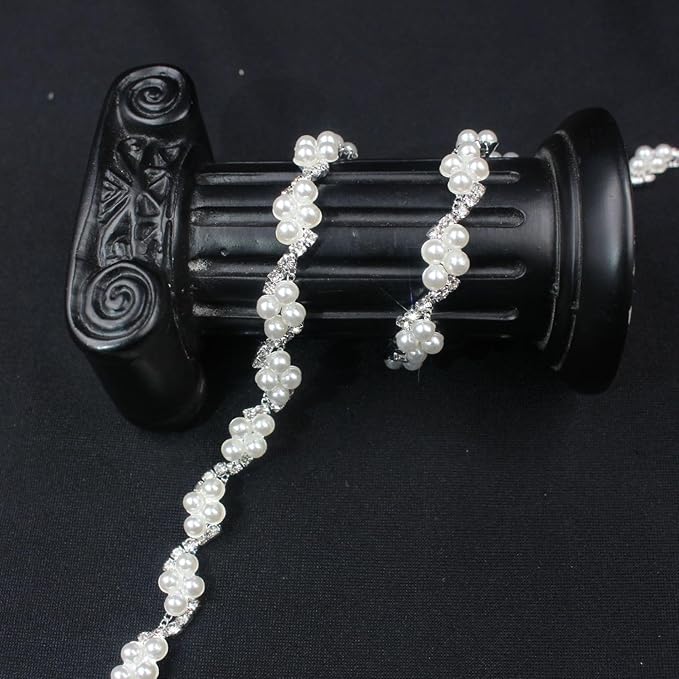 PEARLY JUN 2 Yards Pearl Rhinestone Trim Chain Silver Crystal Fringe Diamond Applique Ribbon String Tassel Strip for Sewing Wedding Dress Crafting Crafts Flower Embellishments