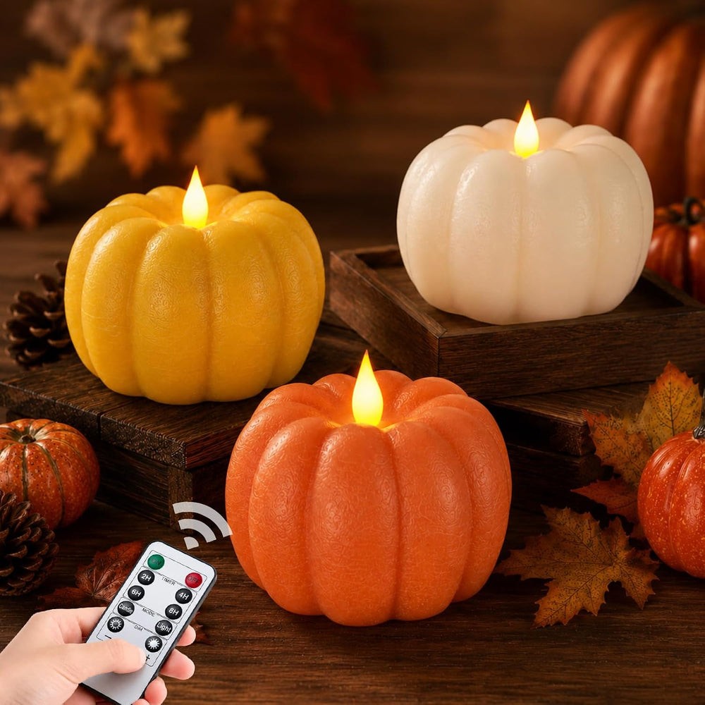 3 Pack Flameless Pumpkin Candles Real Wax Flickering LED Remote Timer