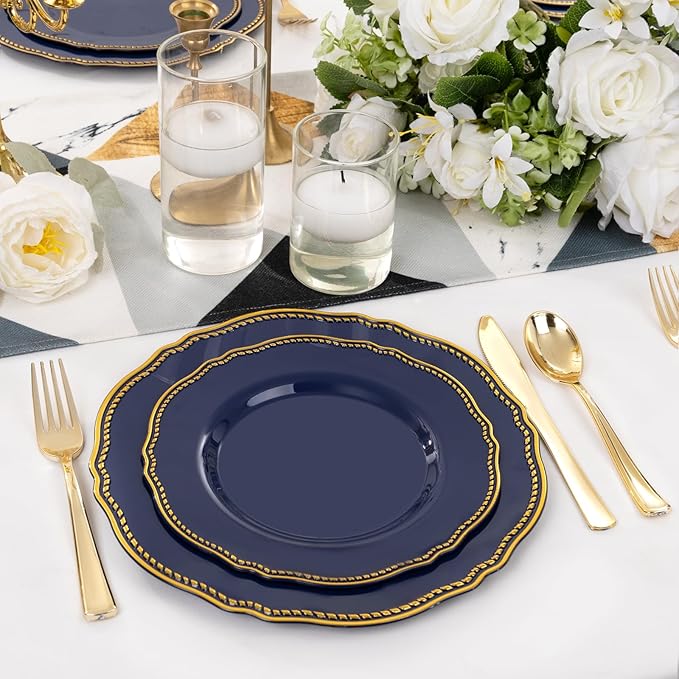 Hioasis 60pcs Blue Plastic Plates - Blue and Gold Disposable Dinnerware with Gold Rim, Heavy-duty, 7.5 inch, Dessert Plates for Party & Wedding