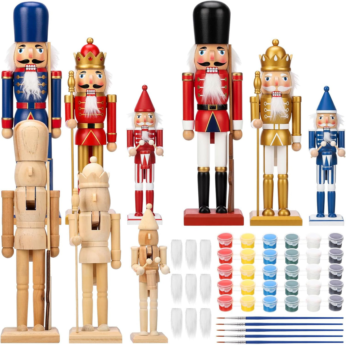 Vercraft 9 Set Unfinished Nutcracker Wooden Unpainted Nutcrackers Christmas Plain Paint Your Own Nutcracker Figurines Craft Kit Ornaments with Paint and Brush for Xmas Holiday Decoration