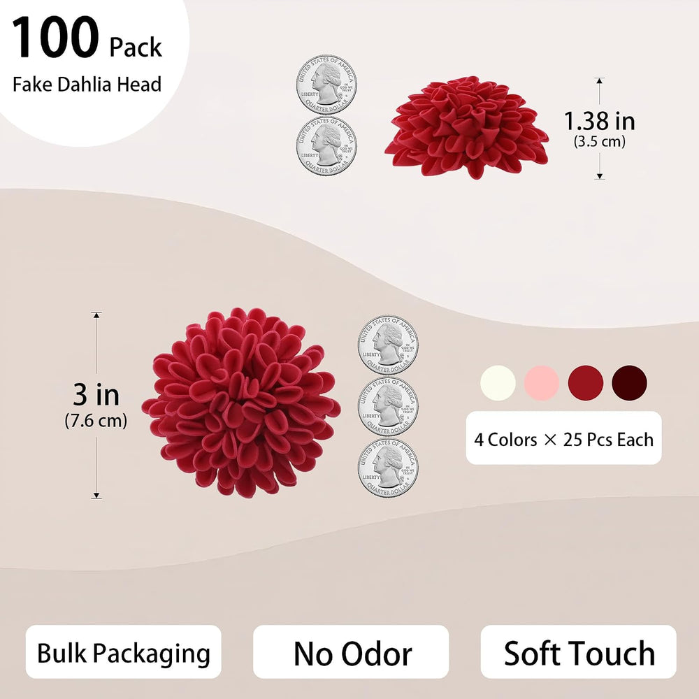 100 Pcs 3 in Artificial Dahlia Head Bulk (4 Shades of Red Ivory)