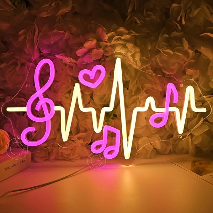 SYLHOME Led Neon Light Sign Music Note Wall Decor Sign Heartbeat Music Room Bedroom Studio Bar Theme Birthday Christmas Party 15.75" X 8.54" USB