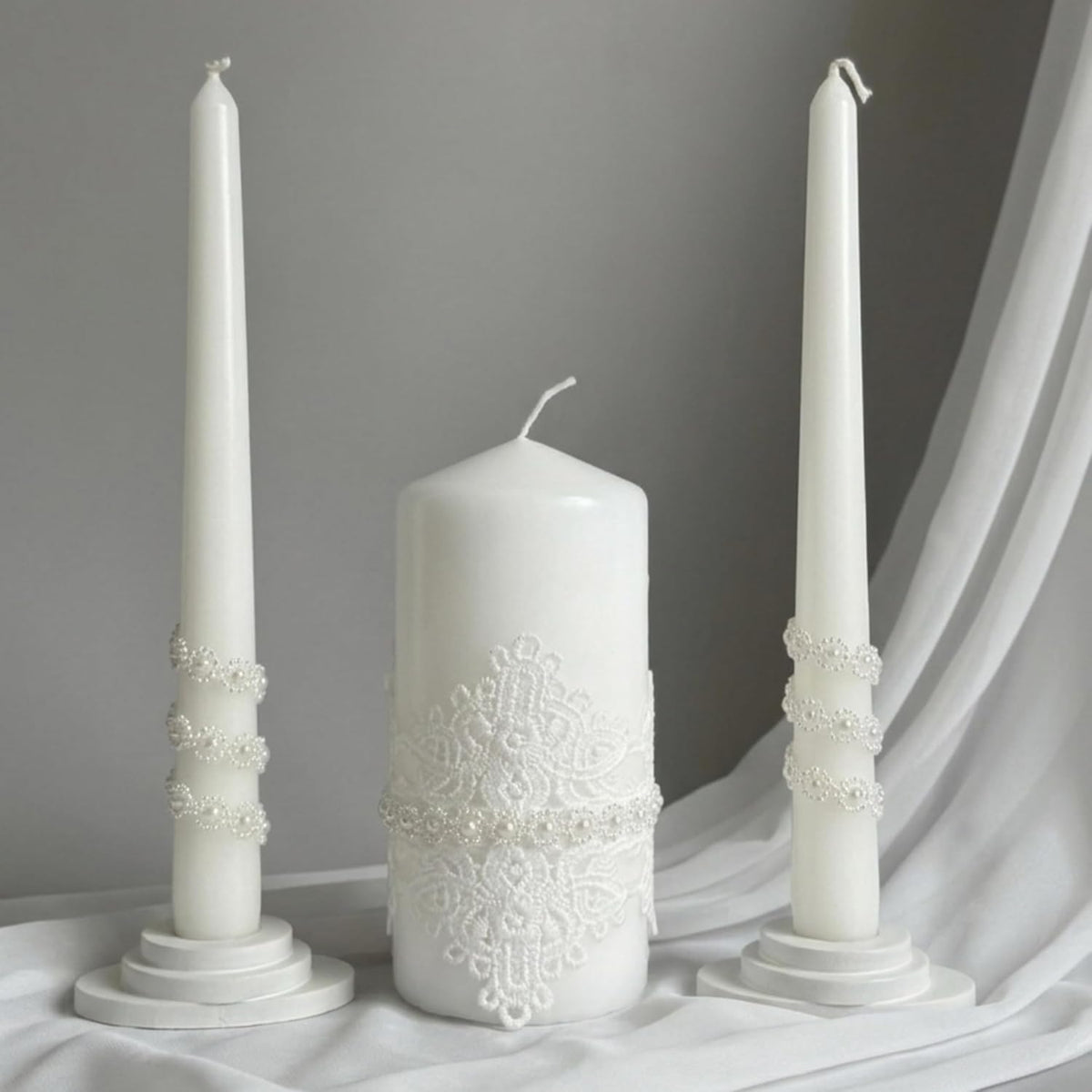 Unity Candle Set - Wedding Ceremony & Reception – 6” Pillar & Two 10” Taper Candles – Long Burning Unity Candles for Marriage Ritual – Handmade in USA – White | Lace