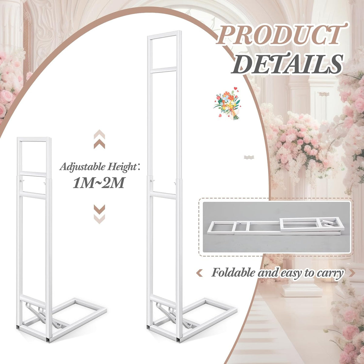 teenyyou white wedding backdrop stand with foldable base,1, side view
