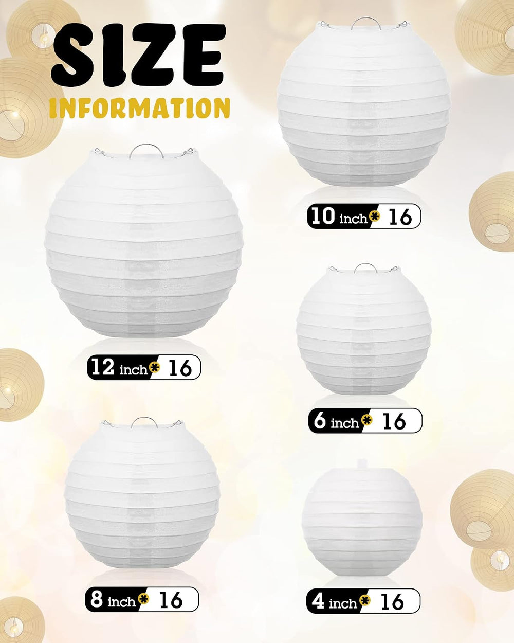 Treela Paper Lanterns Bulk, 5 Sizes, Round Chinese Lamp, White, 80 Pcs