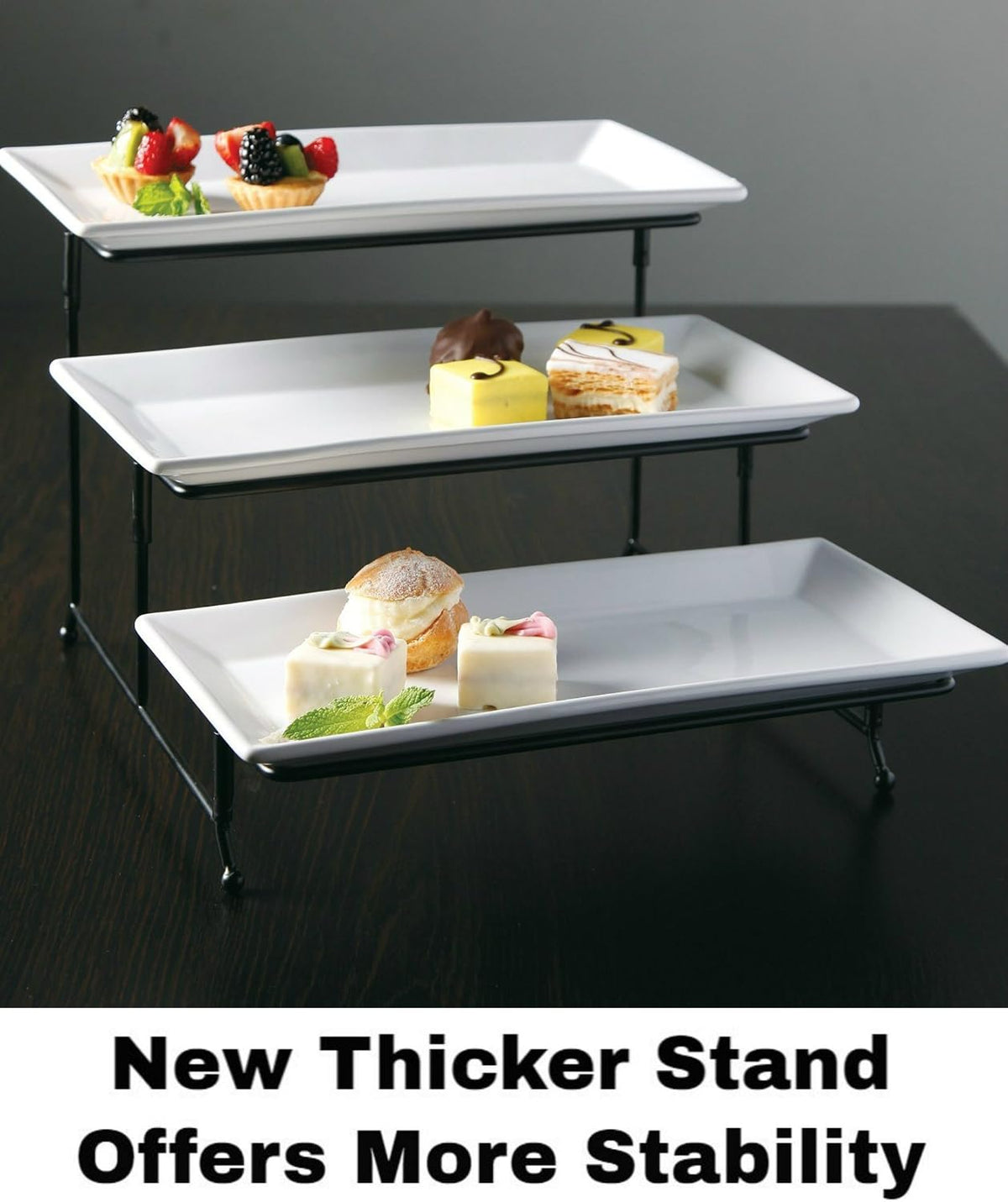 Partito Bella 3 Tier Swiveling Plate Rack Stand Including Three 12x6 Pro-Grade Porcelain Platters for Presentations of Any Kind – Thicker Sturdier Collapsible Stand and Stackable Platters