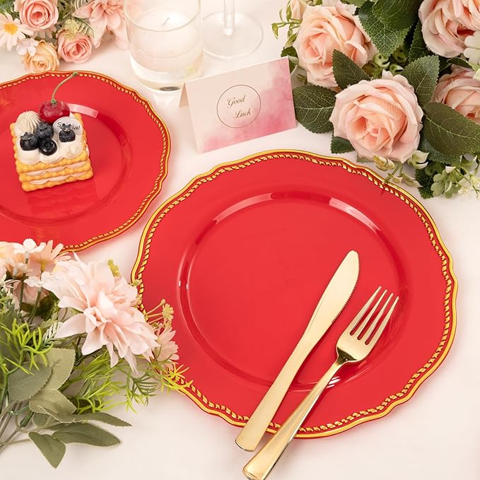Hioasis 60pcs Red Plastic Plates - Red and Gold Disposable Dinnerware with Gold Rim, Heavy-duty, 10.25 inch, Dinner Plates for Party & Wedding