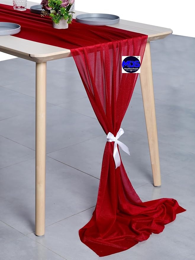 MDS 10 Pack 10ft Chiffon Table Runner 29 x 120 Inches Sheer Wedding Runner Romantic Rustic Table Runner for Wedding Decorations, Birthday Parties, Bridal Shower Party Arch Decor - Apple red