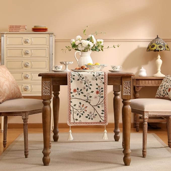 ISAENNE Designer Elegant Linen Floral Extra Long Table Runner 118 Inches,Farmhouse Light Beige Durable Decor Table Runners for Dining Tables,Thanksgiving,Kitchen Tables,Christmas,12"*118"-Flora A