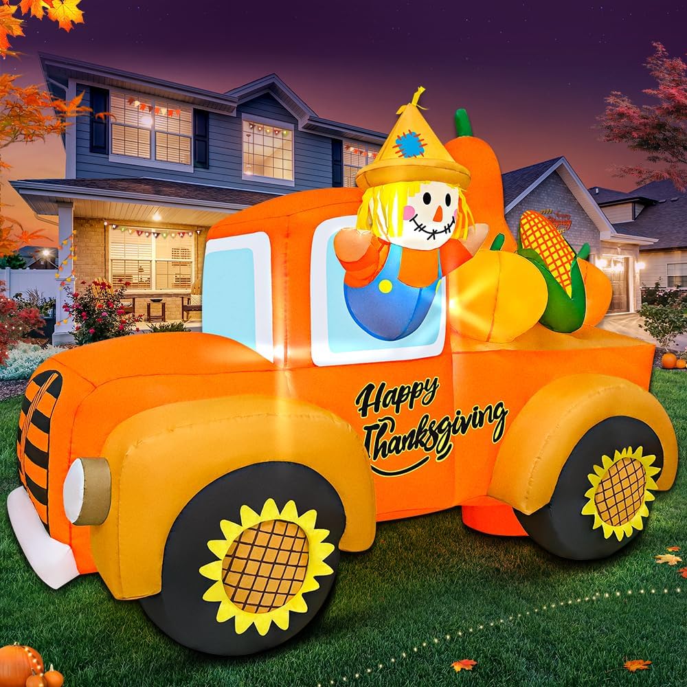 6FT Thanksgiving Inflatables Outdoor Decoration Inflatable Car with Scarecrow, Built in LED Lights Blow Up Yard Decorations for Fall Holiday Party Garden Lawn Décor