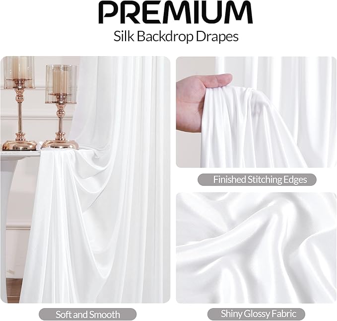 White Satin Backdrop Curtains 2 Panels - Glitter Photo Drapes for Baby Shower, 10x10FT Shimmer Back Drop Cloth, Wrinkle Free for Birthday Party Prom Wedding Stage Background