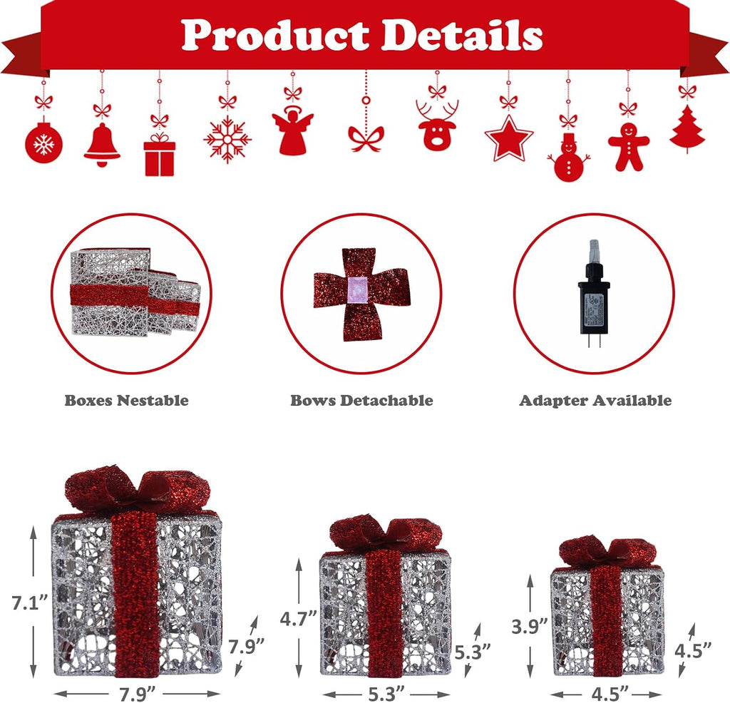 lighted gift box set of 3, silver boxes, side view