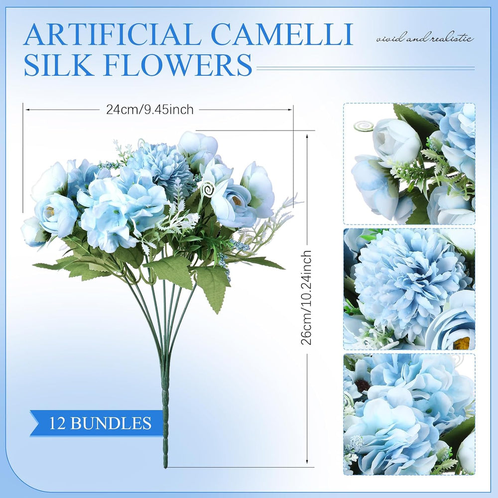 12 Bundles Peonies Artificial Flowers Faux Roses, Blue