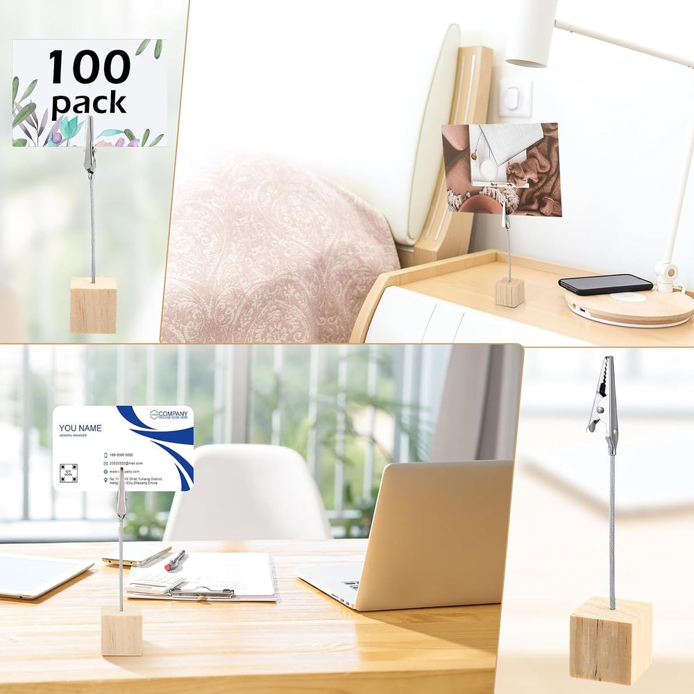 100 Pcs Cube Base Memo Clip Holder with Alligator Clip, Natural Wood Color