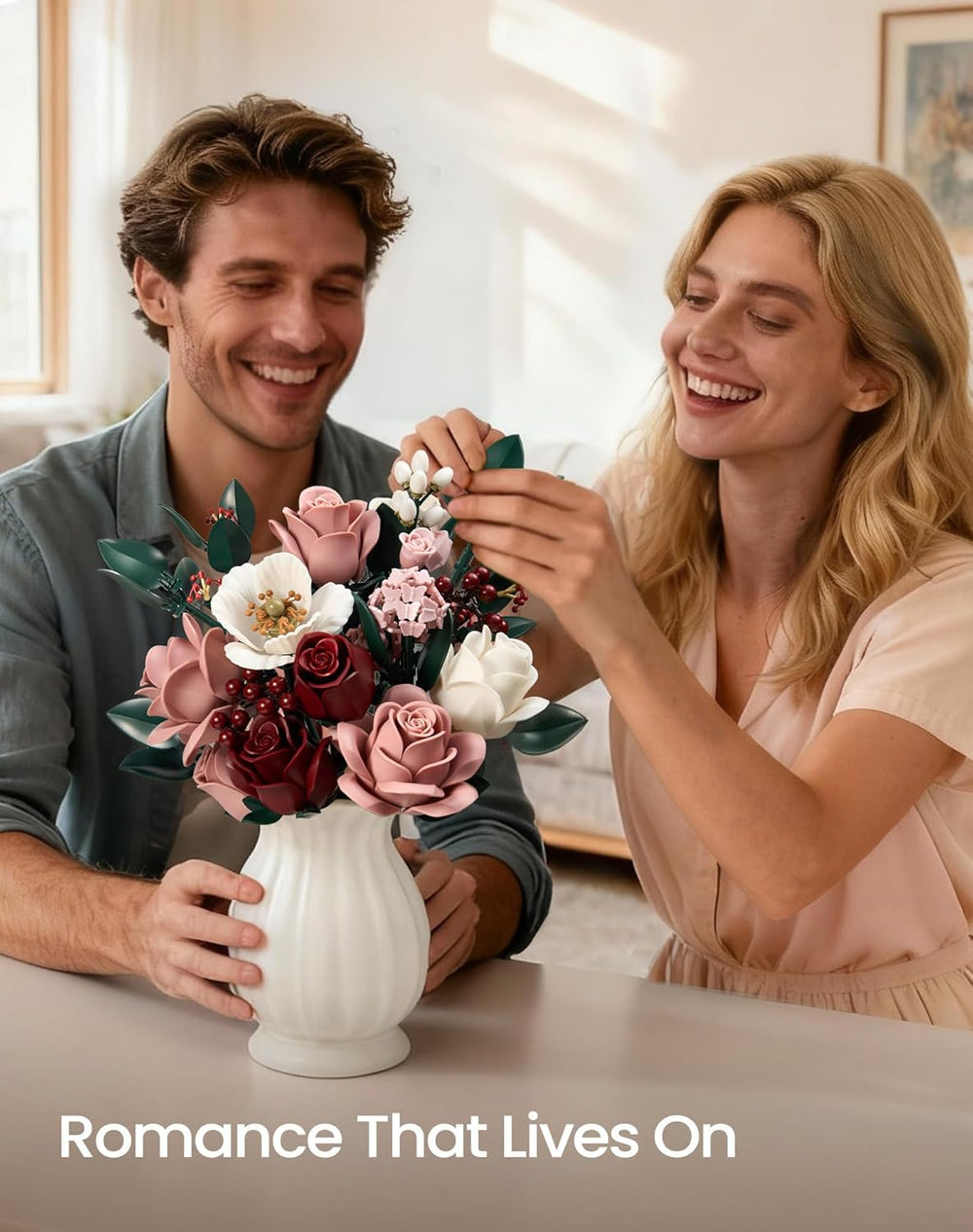 Pink Roses Flower Bouquet Building Set for Adult Gift Idea Home Decor