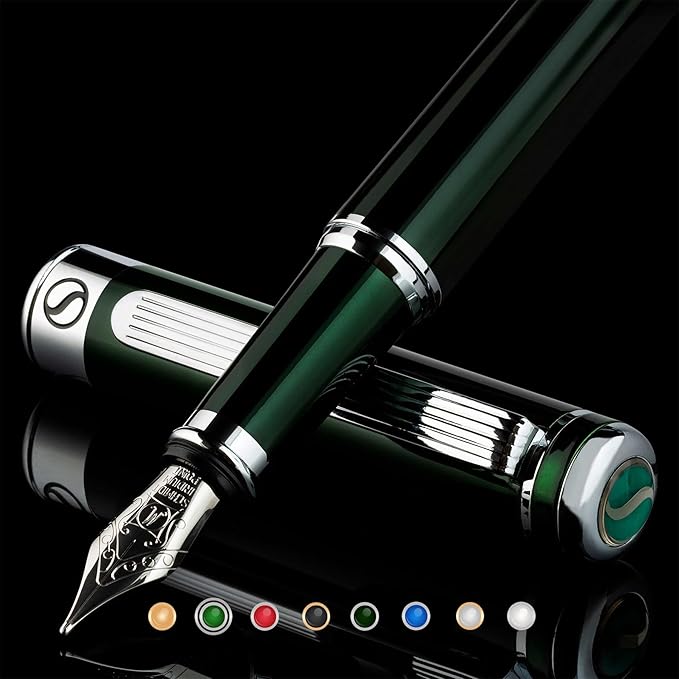 Scriveiner British Racing Green Fountain Pen - Stunning Luxury Pen with Chrome Finish, Schmidt Nib (Medium), Best Pen Gift Set for Men & Women, Professional, Executive, Office, Nice Pens