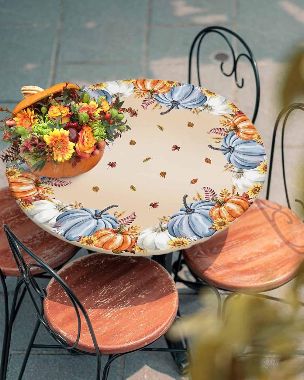 Fall Pumpkin Round Table Cloth Thanksgiving Fitted Tablecloth,Maple Leaves Ta...
