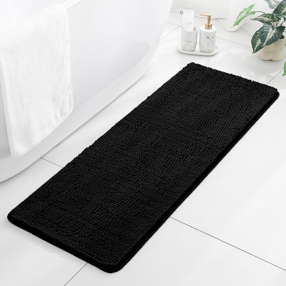 Chenille Bathroom Runner Rug 17"x47" Black, Long Bath Mat