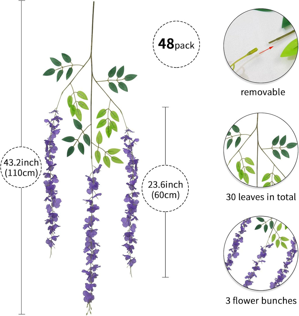 48 Pack Artificial Wisteria Hanging Flowers Fake Wisteria Flower Garland Silk Vines Rattan Decor for Home Wedding Arch Wall Garden Greenery Bedroom Outdoor Office Party Decoration (Purple)