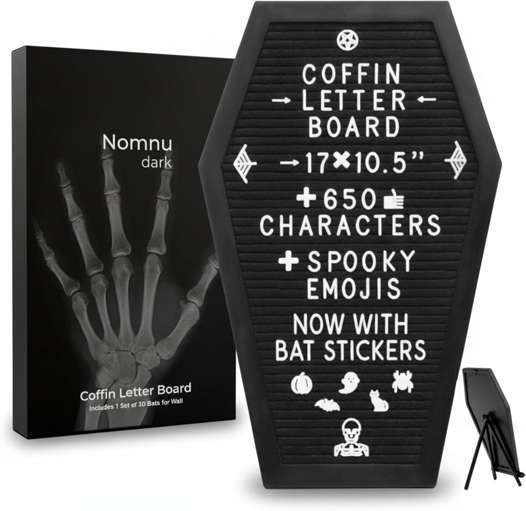 Nomnu Coffin Letter Board, Black Goth Decor with Bat Stickers Spooky Emojis