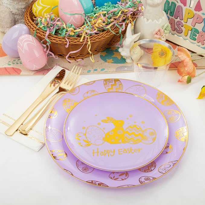 Festiva 175Pcs Easter Plates and Napkins Disposable - Purple and Gold Plastic Dinnerware Set for 50 guests include 50 Plates 25Cups 25Plastic Silverware 25Napkins Perfect for Easter Party