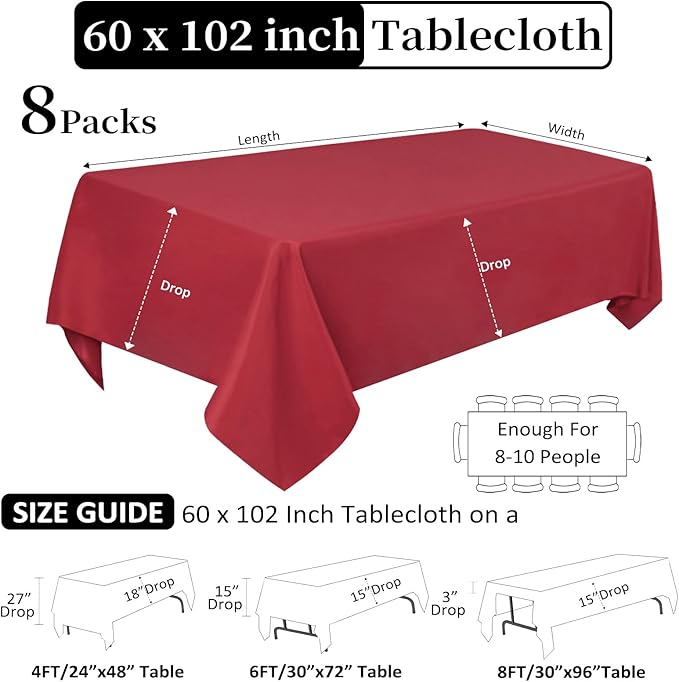 8 Pack Red Tablecloth 60 x 102 Inch Rectangular Tablecloths for 6 Foot Rectangle Tables, Wrinkle Resistant Red Table Cloth Washable Polyester Fabric Table Covers for Buffet Wedding Party Banquet