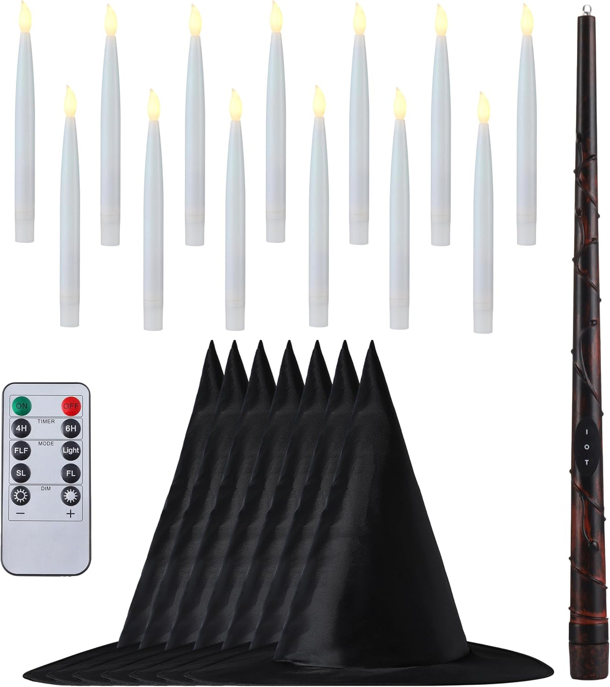 JOYIN 20Pcs Halloween Floating Candles and Witch Hat Light Up with Wand Remote Set Magic Hanging Candles and Wizard Hat with 2 Light Mode and Timer for Halloween Window Ceiling Porch Theme Party Decor