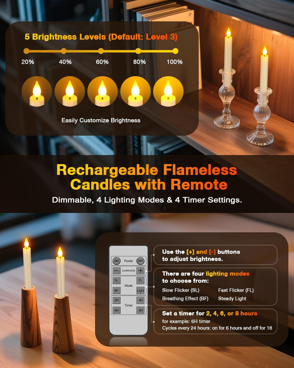 Yme Rechargeable Flameless Taper Candles Battery Operated with Remote Timer