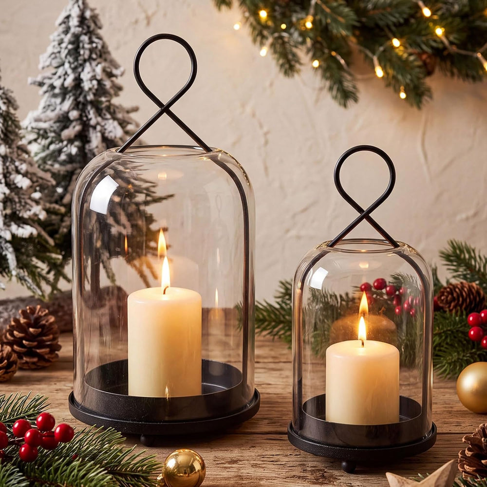 Hurricane Glass Candle Holders Set of 2 Black Hanging Pillar Candle Lantern