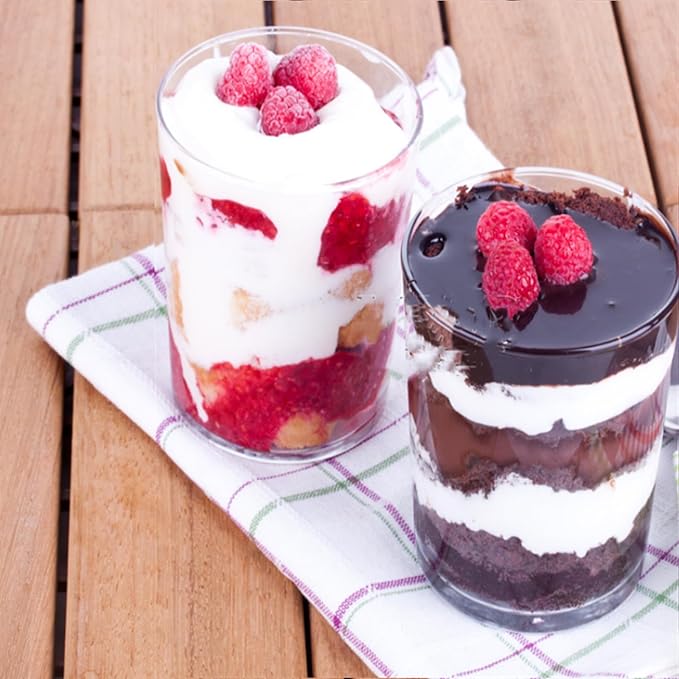 100 Pack Mini Dessert Cups, 3oz Clear Shooter Cups with Spoons, Plastic Mousse Cups for Party, Ice Cream, Puddings, Chocolate, Round Appetizer Parfait Tasting Cups