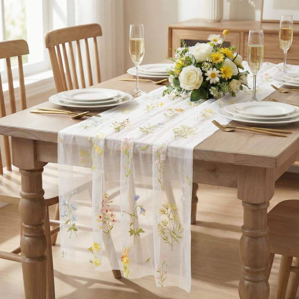 Artoid Mode 6PC Floral Milky White Embroidery Table Runner 120 Inch 10FT