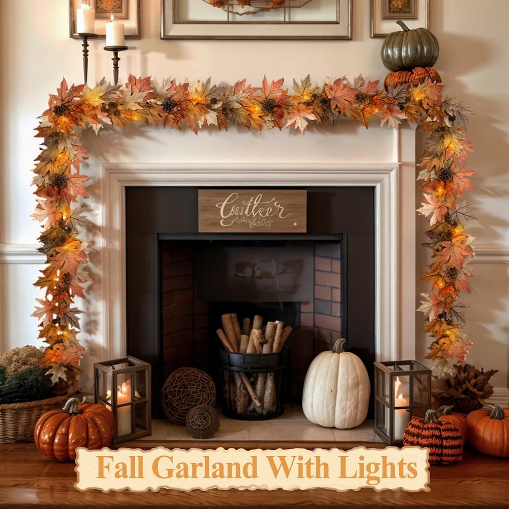 9 FT Lighted Fall Garland with Lights Autumn Automatic ON/Off Timer